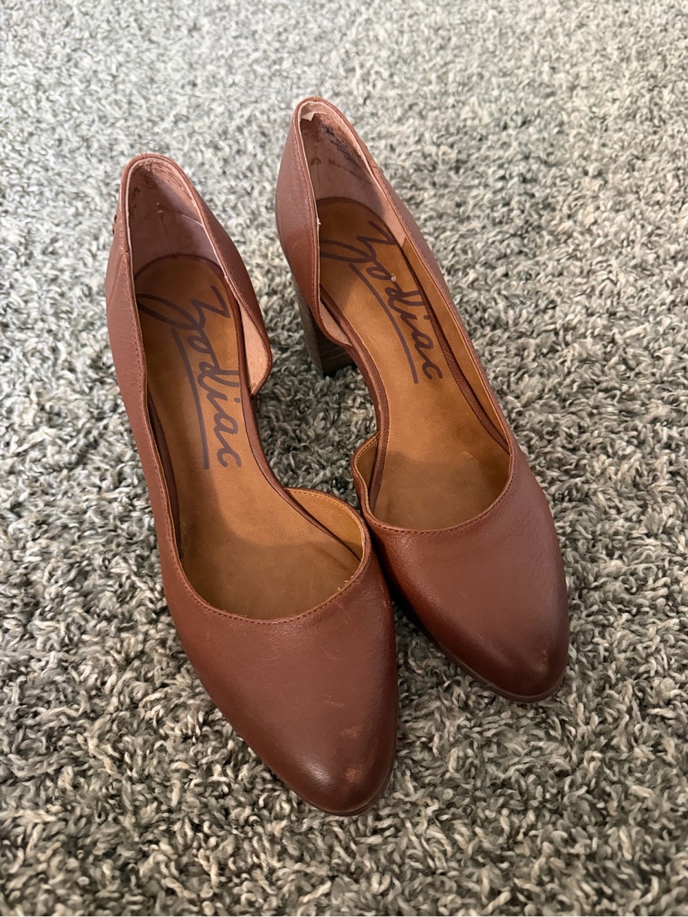 Zodiac Brown Pointed-Toe Leather Block Heel Pumps